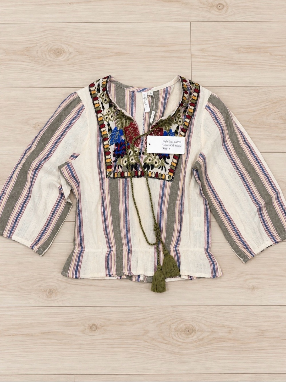 Buby’s Italy Embroidered Boho Striped Blouse Size Small NWT